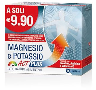 Magnesio Potassio Act Plus, Integratore Alimentare al Gusto Agrumi, a base di Magnesio e Potassio con Creatina, Arginina e Vitamina C - 1 Confezione da 14 bustine