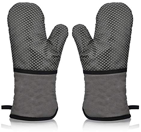 Manoplas Horno Antideslizante Guantes de Cocina Silicona Dobles,Guantes de Horno Profesional Resistentes al Calor Largo y Grueso Algodón Suave Oven Gloves para Cocina Horneando Barbacoa 1 Par (Gris)