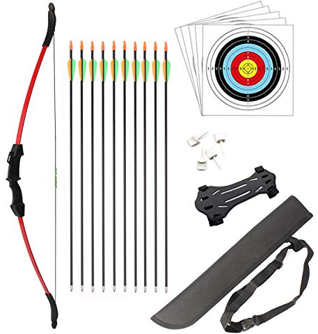 HANSPY Pfeil und Bogen Set für Junior Jagd Anfänger Bogen Recurve Bogenschießen Langbogen Outdoor Kit 15LB für Kinder Teenager 10 Pfeilen 5 Zielgesichter 4 Zielstifte 1 Armschutz 1 Kinderköcher(Rot)