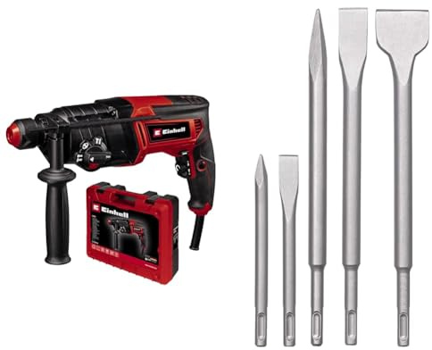Einhell Bohrhammer TC-RH 800 4F (800 W, 2.6 Joule, Bohren + Hammerbohren + Meißeln mit/ohne Fixierung, pneumatisches Schlagwerk, SDS-Plus, inkl. E-Box, 5-tlg. SDS-Plus Hammer-Meißel-Set)