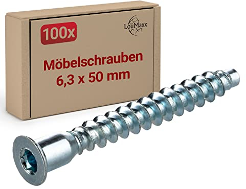 LouMaxx Schrank Schrauben 6,3 x 50mm - 100er Set Confirmat Aus Verzinktem Stahl - Mit Innensechskant Für Möbel - Verbindungsschrauben Mit Senkkopf Korpusschrauben