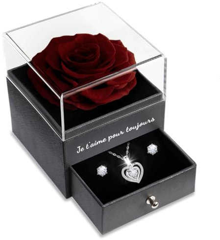 Sunia Rose Eternelle avec Bijoux Argent 925,Collier Coeur Boucles d'oreilles,Coffret Cadeau Femme,Rose Préservée avec Collier,Cadeau Anniversaire Femme,Amour Cadeau,Fete des Meres,Noël,Saint-Valentin