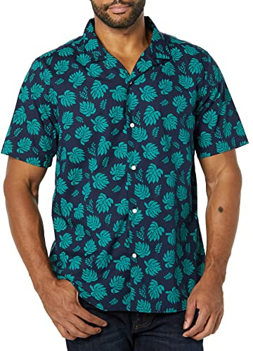 Amazon Essentials Hombre Camisa Hawaiana Ajustada de Algodón y Manga Corta