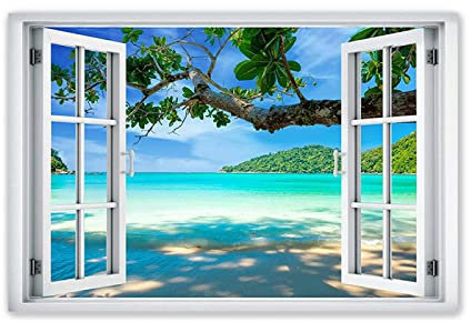 JZSDGB Tableau de Paysage-Impression sur toile Fausse Fenêtre-Decoration Murale Salon Moderne 3D fenêtre Vue Tableau XXL-Image Paysage Plage de l'île tropicale 50x75cm(20x30in) Sans cadre