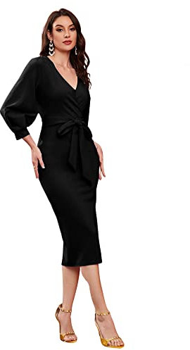 rosery paris Women V Neck fulls Sleeve one Piece Formal Black Floral Western one Piece Knee-Length Dress, Black, S (UK, Alpha, S, Regular, Regular, Charcoal Black)