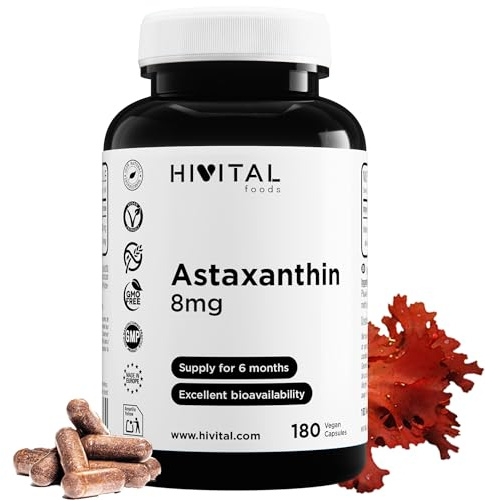 Astaxantina pura 8 mg. 180 cápsulas veganas para 6 meses de tratamiento. Procedente de 160 mg de Alga Natural Haematococcus Pluvialis al 5% en Astaxanthin. Fabricado en España por HIVITAL