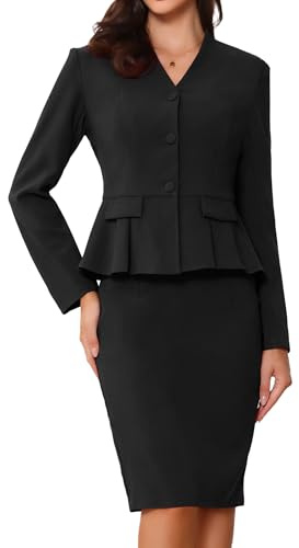 Allegra K Business 2 Piece Suit Set for Women's Long Sleeve Collarless Peplum Blazer Pencil Skirts Black S