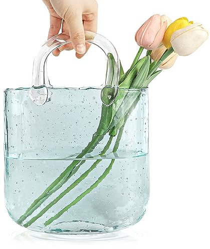 DBREAKS Glas Handtasche Vase, Tasche Glasvasen, Klare Handgemachte Vase, Kreative Bubble Handtasche Blumenvase, Dekorative Vase Glas Handtasche, Desktop Glaskorb Vase, Geldbörsenvase(Blau)