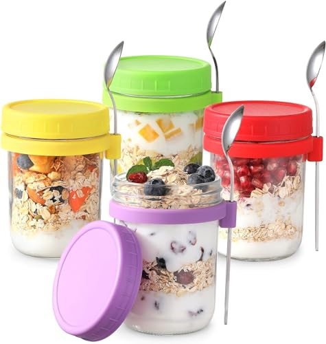 LATERN 4 Pièces Pots D'avoine pour Nuit, 360ml Bocaux Mason en Verre Marques de Mesure Conteneurs de Stockage des Aliments avec Couvercles et Cuillères pour L'avoine Céréale Fruit Lait Salade Yaourt