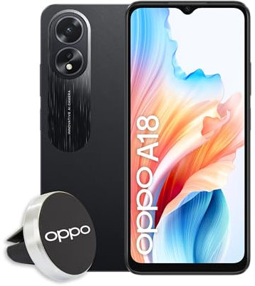OPPO A18 Smartphone, AI Doppia Fotocamera + Flash, Selfie 5MP, Display 6.56” 90HZ LCD HD+, 5000mAh, RAM 4 (Esp 1GB/2GB/4GB)+ROM 128GB (esp1TB), IP54, Supporto Auto Versione Italia, Glowing Black