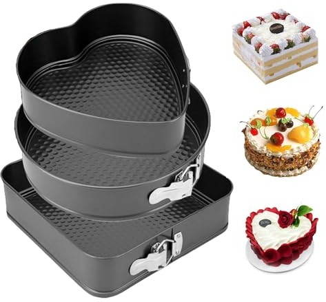 Eozfly, set di stampi per torte, con rivestimento antiaderente per alimenti, senza BPA, con fondo rimovibile, fondo a nido d'ape per riscaldamento uniforme, cuore, rotondo, quadrato 20/22/24 cm