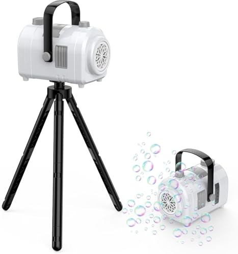 Machine à Bulles Grande capacité, 10 Trous 2 Vitesses 17oz / 500ml, Jouet à Bulles Portable Rechargeable avec trépied pour intérieur, extérieur, Anniversaire, fête (Blanc)
