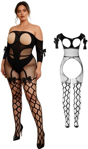 ohmydear Fishnet Bodysuit Lingerie Sexy Outfits Plus Size Body Stockings Full Body for Women Off Shoulder Hollow Out Sheer Babydoll Chemise Stretchy One-Piece Nightwear 3XL-5XL