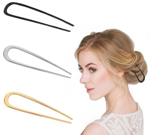 3 Stück French Hair Pin,Metall Französische Haarnadeln für Frauen,14cm U-Förmige Haarnadel,Französischer Dutt,Haarnadeln Groß,Französische Twist-Haargabel,für Alle Haartypen (Gold Silber Schwarz)