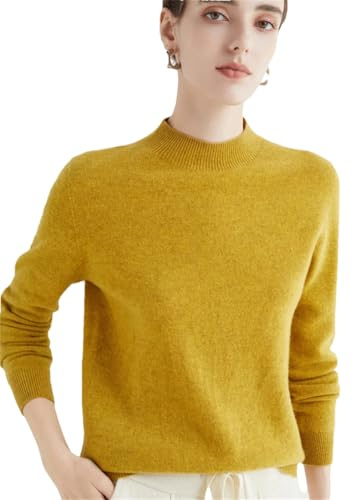 Suéter básico de punto con cuello alto para mujer, de manga larga, 100 % lana merino, amarillo mostaza, XL