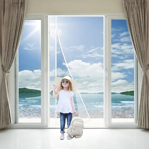 Cortina de puerta con mosquitera 125x180cm Blanco Cierre automático, cortina antimoscas, puerta antiinsectos para puerta de entrada interior/patio