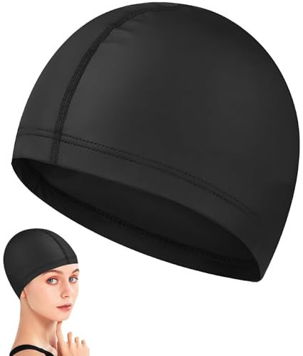 wasserdichte Badekappe mit Ohrenschutz für Damen und Herren, Weiche Polyester Schwimmhaube für Lange und Kurze Haare, Schutz vor Chlor, Komfortable Passform, Elastisch – Schwarz