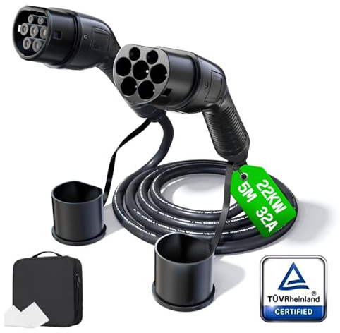 7JI Typ 2 laddningskabel allmän/22 kW/32 A/3-fas/5 m, höghållfast fiber elbilar laddkabel, med korrosionsbeständiga kontakter och bärväska kompatibel med PHEV, BEV & EV