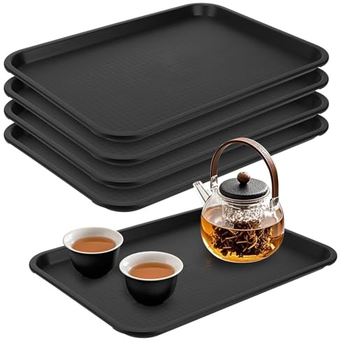 JIEHIN 5 Stück 40 x 30 cm Serviertablett Kunststoff Rechteckig, Schwarz Fast Food Tablett, Serviertablett Groß, Plastik rutschfeste Tablett für Restaurant, Cafeteria, Küche