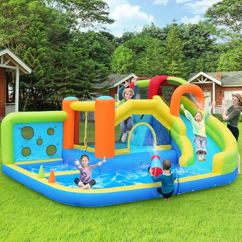 Castello Gonfiabile con soffiatore - Parco Acquatico Multifunzione per Bambini con Scivolo d'acqua, Trampolino, Muro da Scalata, Canestro da basket e Parete per Lanciare - Include soffiatore da 450W