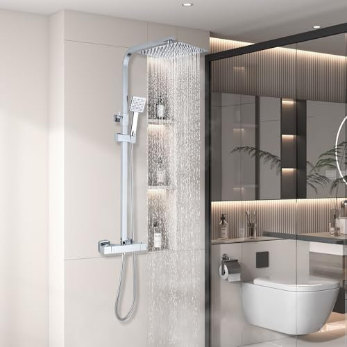 Colonne de Douche Thermostatique,avec Douche Plafond Carrée de 20 cm,Système de douche thermostatique 38°C,Colonne de Douche Réglable Hauteur entre