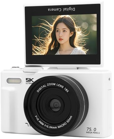 5K Digitalkamera, 75MP WiFi Point och Shoot Camera med 18x Digital Zoom 3,0 Tum Flip Screen Portable för Fotograferingsvideo Webcam Travel Vlogging (Vit)