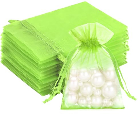 G2PLUS Lime Green Organza Gift Pouches, 7x9 CM Small Favour Bags, 50 PCS | Wedding Jewelry Bags, Clear Mesh Pouches Perfect for Wedding, Christmas, Birthday, Anniversary