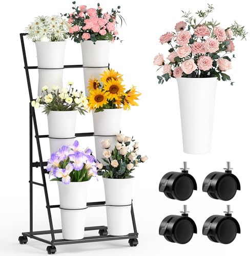Flower Display Stand with 6 Buckets and Wheels, 3 Tier Flower Cart Display Stand for Indoor Outdoor Garden, Wedding, Flower Shop