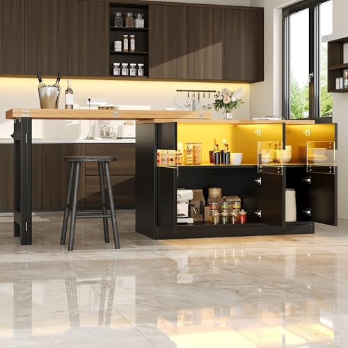 A ALFRESCOOL Tavolo da bar allungabile, tavolo da bar con spazio di archiviazione, isola da cucina, girevole a 360°, con illuminazione a LED, per soggiorno, sala da pranzo, 120-180 x 40 x 75,8 cm