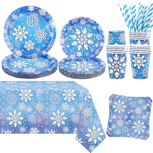 Winter Snowflake Party Decoration Include Plates Tablecloth Napkins Cups, Tableware Set for Snowflake Winter Wonderland Party, Serves 20