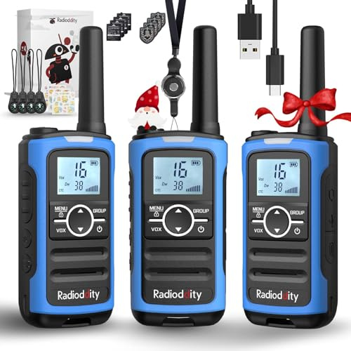 Radioddity PR-T8 Talkie walkie pour Enfants, Radio bidirectionnelle PMR446 Rechargeable Longue portée avec Appel de Groupe VOX Lampe Torche Batterie 2000 mAh, pour randonnées et Camps d'été, Lot de 3