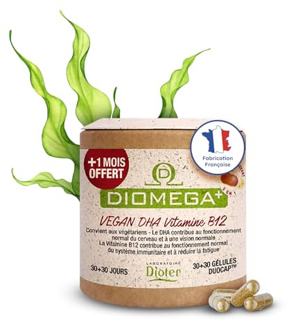 Dioméga Équilibre Cérébral, Oméga 3 végan, DHA d’Algues + Vitamine B12 – Complément Alimentaire végan - Mémoire, Concentration, Vision & Système Nerveux - 60 Gélules