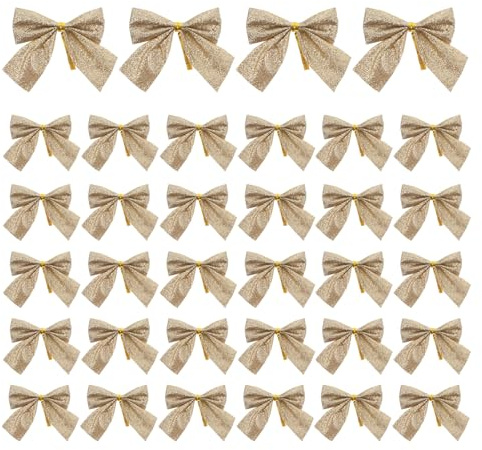 AKOOSY 36 Goldene Weihnachtsschleifen 5,5x5cm Rustikale Schleifenornamente für Weihnachtsbaum Kranz und Geschenkdeko Festliche Partydekoration