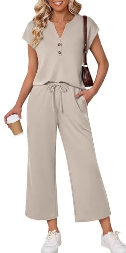 OLIPHEE Tuta Donna Estivi Lounge Set 2 Pezzi con Tshirt Scollo a V e Pantaloni Jogging Completi Donna Spiaggia Vacanza Outfit Sportivi Yoga Fitness Primavera Tracksuit Palestra Ginnastica Beige XXL