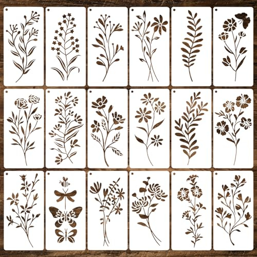 18 Pièces Pochoirs Fleurs et Feuilles, Pochoirs Plantes Naturelles Réutilisables, Modèles de Dessin pour Peinture sur Bois, Scrapbooking et Décoration Murale