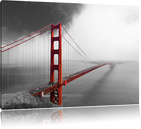 Pixxprint rote Golgen Gate Bridge in San Francisco B&W, Größe: 120x80cm, Leinwandbild, fertig gespannt, Wandbild, Dekoration, Kunstdruck, kein Poster