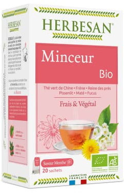 HERBESAN®- INFUSION THE VERT MINCEUR BIO Thé vert de Chine, Frêne, Reine des Prés, Pissenlit - 20 sachets