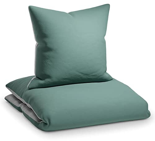 Sleepwise Soft Wonder Mikrofaser Bettwäsche 135x200 cm, 2Teilig, Graugrün/Hellgrau mit Reißverschluss + 80x80 cm