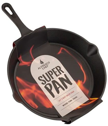 ALFRESCO CHEF 10 Inch Cast Iron Pan for Searing, Frying or Roasting - Ideal for use in an Outdoor Oven, Open Campfire or Conventional Oven.
