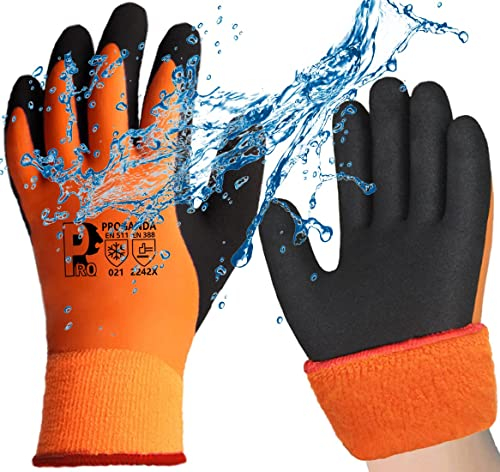 PROGANDA Waterproof Thermal Winter Work Gloves Fleece Liner Insulated Warm for Cold Weather Gardening Outdoor Car Washing Fishing Multipurpose (Orange -Grip Waterproof Thermal, L (Pack of 1))