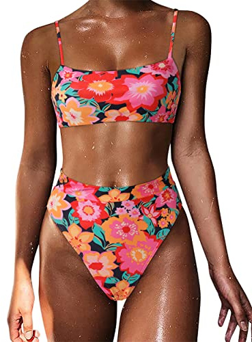 MOSHENGQI Women High Waisted High Cut Bikini Push Up Bandeau Swimsuits (S, Retro Colorful Floral)