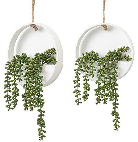CEWOR 2pcs Artificial Hanging Succulent Plants, Fake String of Pearls in Pot with Lanyard Boho Wall Decor for Bathroom Living Room Home Indoor Outdoor Decorations, White