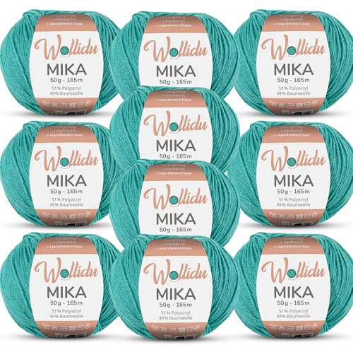 Wollidu Mika 51% Polyacryl 49% Baumwolle zum Häkeln und Stricken 10x 50g/165m Oeko-Tex Strickgarn Häkelgarn - Jade