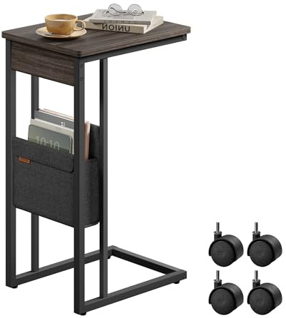 VASAGLE C-Shaped Side Table, End Table with Wheels, C Table for Couch, Sofa, with Storage Bag, Adjustable Feet, for Bedroom, Living Room, Ash Brown ULET357K74