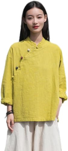 Kkaebi Blusa China De Ramio Para Mujeres - Camisa Hanfu De Verano De Algodón Y Lino Ropa Tradicional Traje De Meditación Con Mangas Largas Tops De Túnica Retro (S,Amarillo)