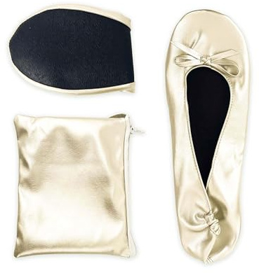 Stylish Foldable Ballet Flats for Women Portable Roll Up Travel Shoes for Wedding Bridesmaid Includes Carrying Pouch (Champagne,Medium)
