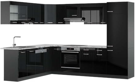 Vicco Eckküche R-Line, Schwarz Hochglanz/Anthrazit, 287 x 60 cm, AP Marmor, zur individuellen Erweiterung mit kompatiblen Zusatzmodulen