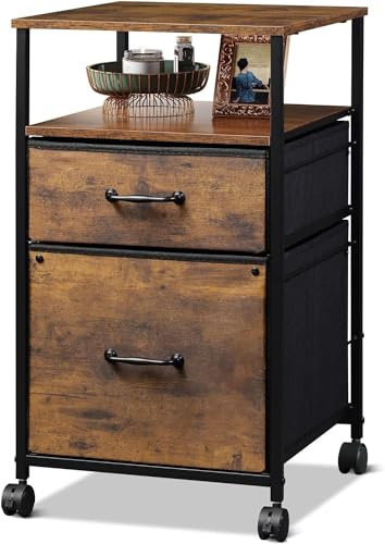 DEVAISE 2 Drawer Mobile File Cabinet, Filing Cabinet with Open Storage Shelf, Fabric Vertical Under Desk Drawers fit A4 or Letter Size, Rustic Brown