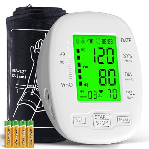 Blood Pressure Monitor, Blood Pressure Cuff 22-42cm - 2 * 99 Sets of Memory, 4*AAA Battery Included, White