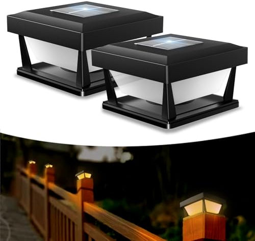 CREATESTAR Solar Pfostenkappen Licht 2 Stück, Solar Pfostenleuchte Außen mit IP65 Wasserdicht, Warme Licht Zaunpfosten Lampe Säulenlampe Decor für Holzpfosten Terrasse Patio